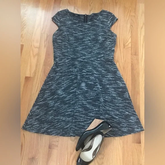 agb black dress AGB Black Short Sleeve Ponte Knit Belted A-Line Dress, Women's 6